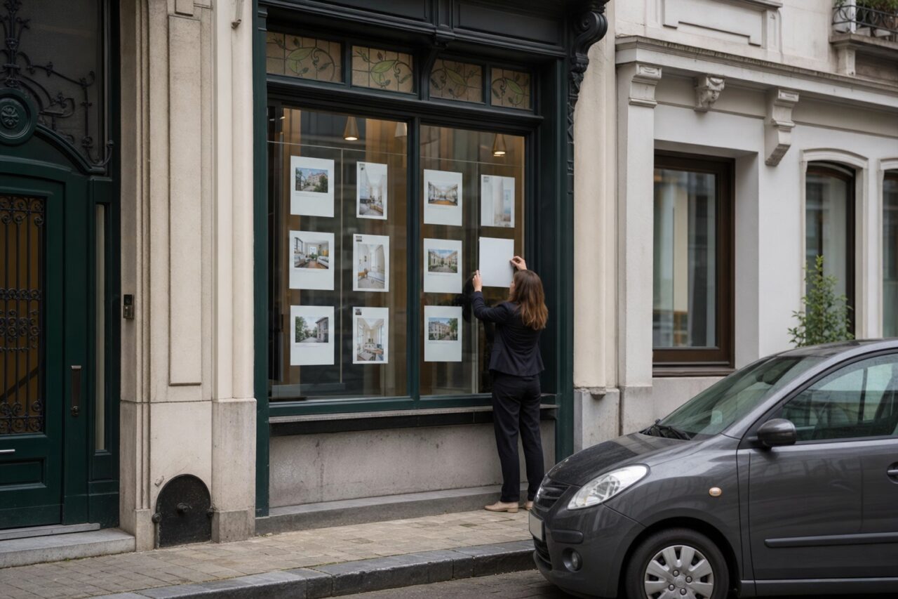 Immobilien-Schaufenster in Brüssel mit einer Maklerin beim Anbringen eines Angebots