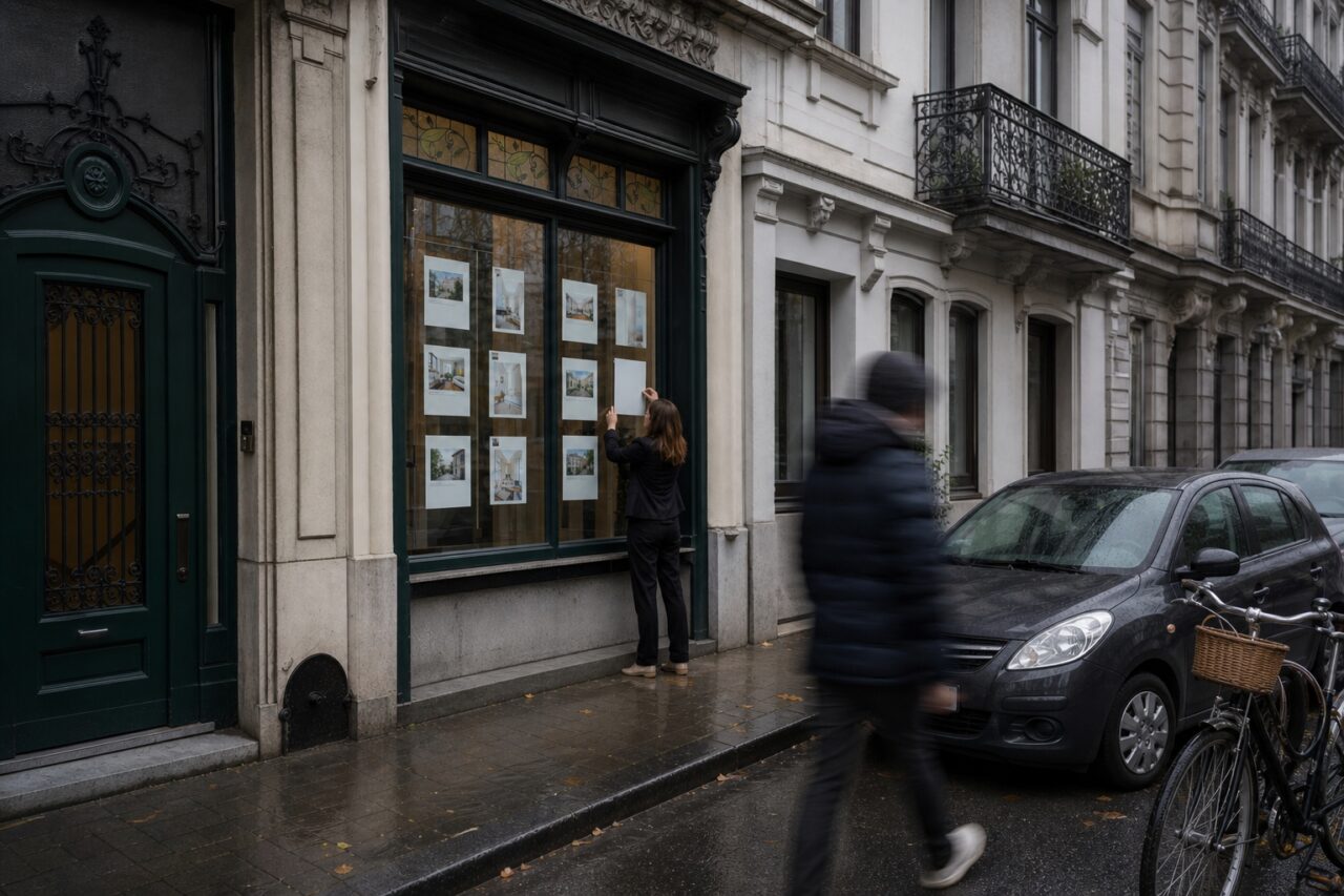 Escaparate inmobiliario de Bruselas bajo la lluvia con transeúnte desenfocado