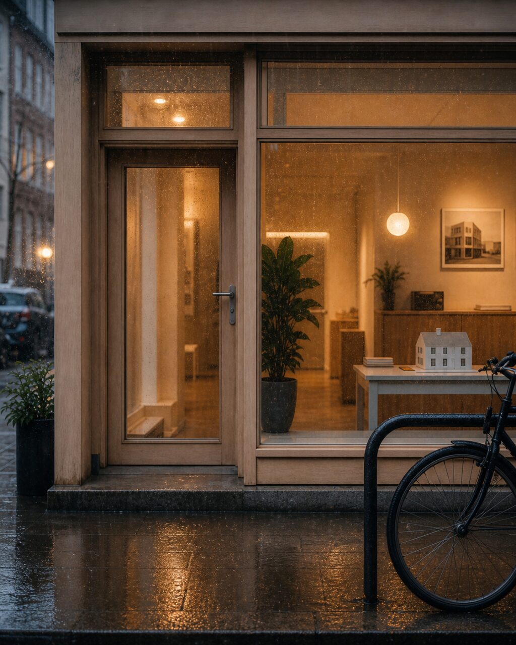 Danish property window in the rain, tight view of the door and bicycle