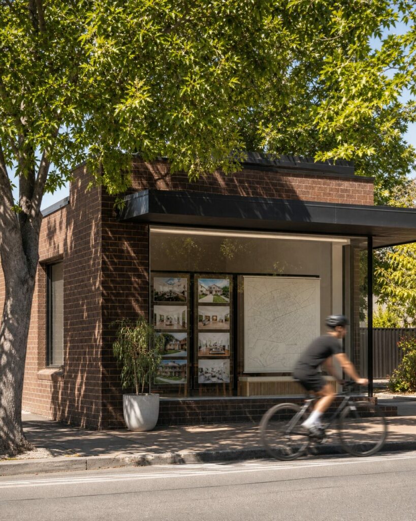 Esposizione immobiliare di Melbourne con ciclista in movimento