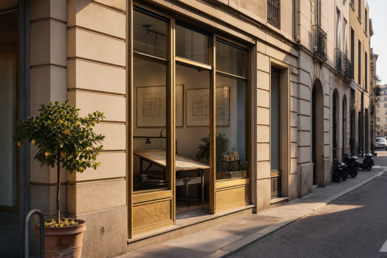 Vitrine immobilière à Milan avec plans d’architecture et encadrement doré