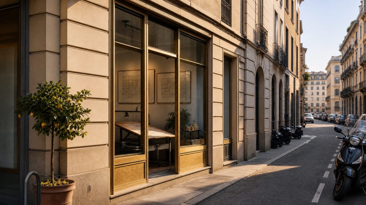Immobilien-Schaufenster in Mailand mit Wandplänen und Motorrollern auf der Straße