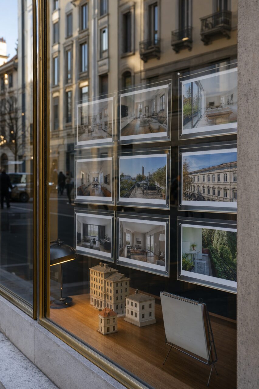Etalage van een makelaar met foto’s en architectuurmaquettes