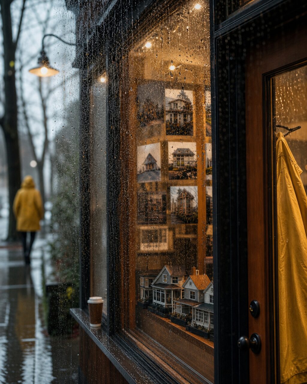 Vastgoedvitrine in Seattle gezien door stromende regen