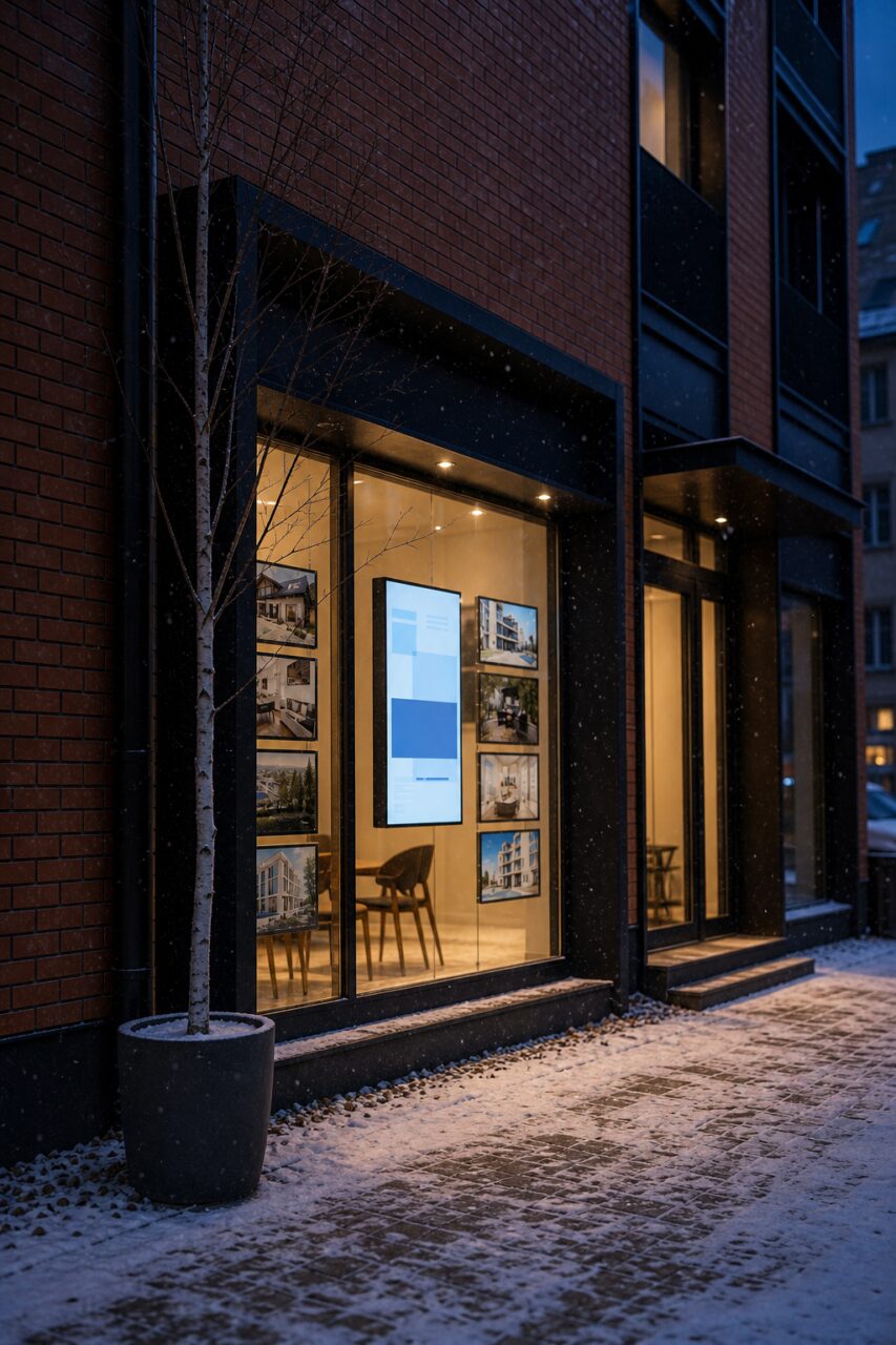 Vitrine immobilière de Varsovie au crépuscule sous les flocons