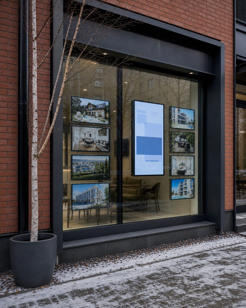 Warsaw property display beneath falling snow
