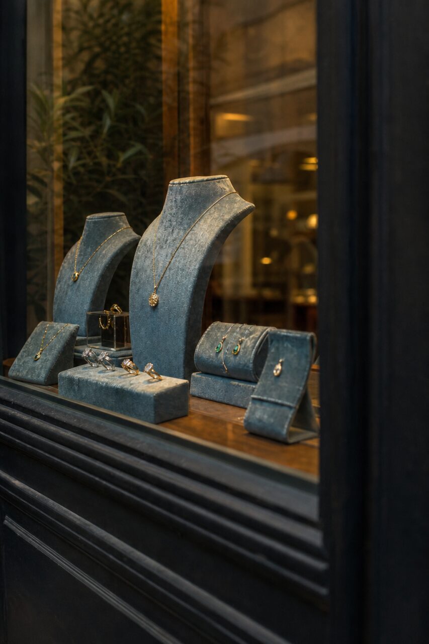 Zijaanzicht van etalage met donkere stijl
