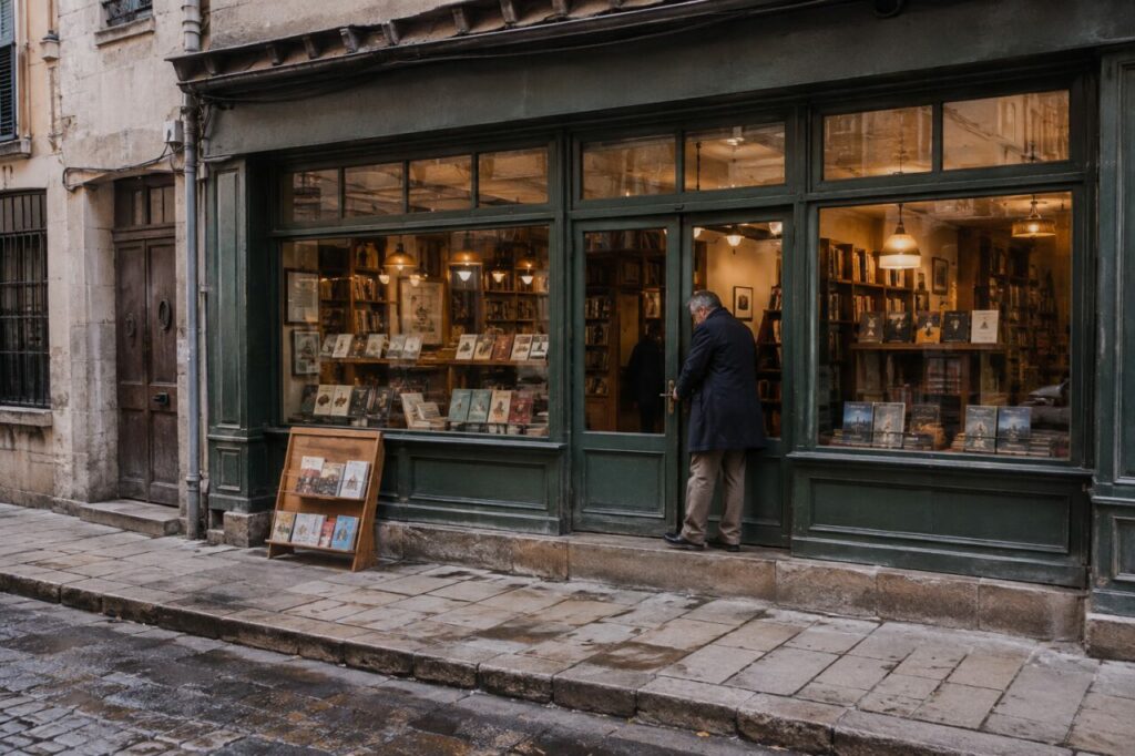 Vitrine de livres sous la pluie