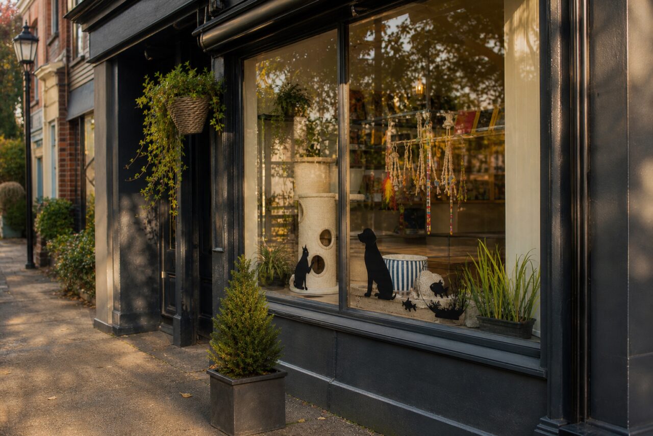 Sunlit pet-shop window