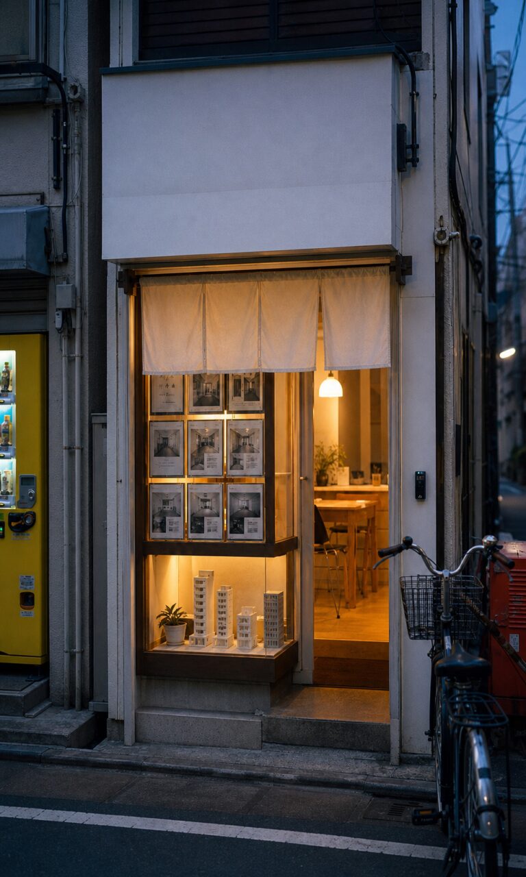 Vitrine de maquettes immobilières à Tokyo avec rideau de toile