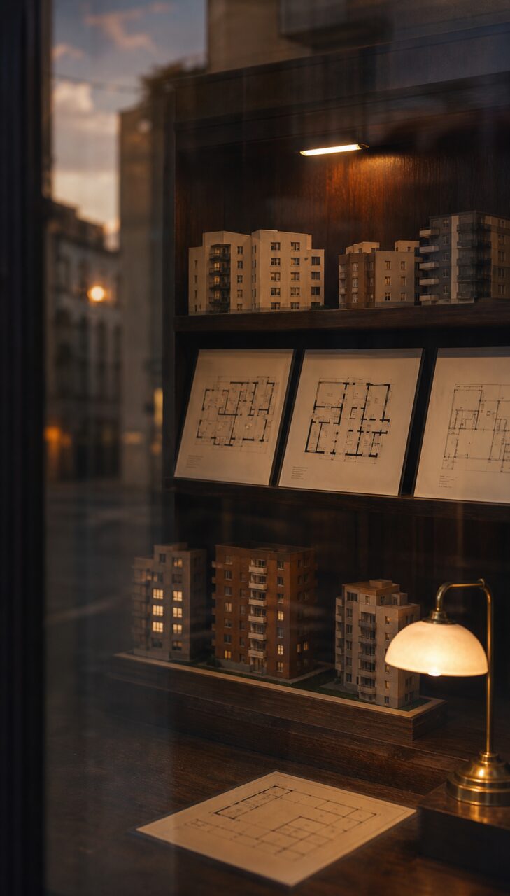Residential models and architect plans in a Prague property-office window