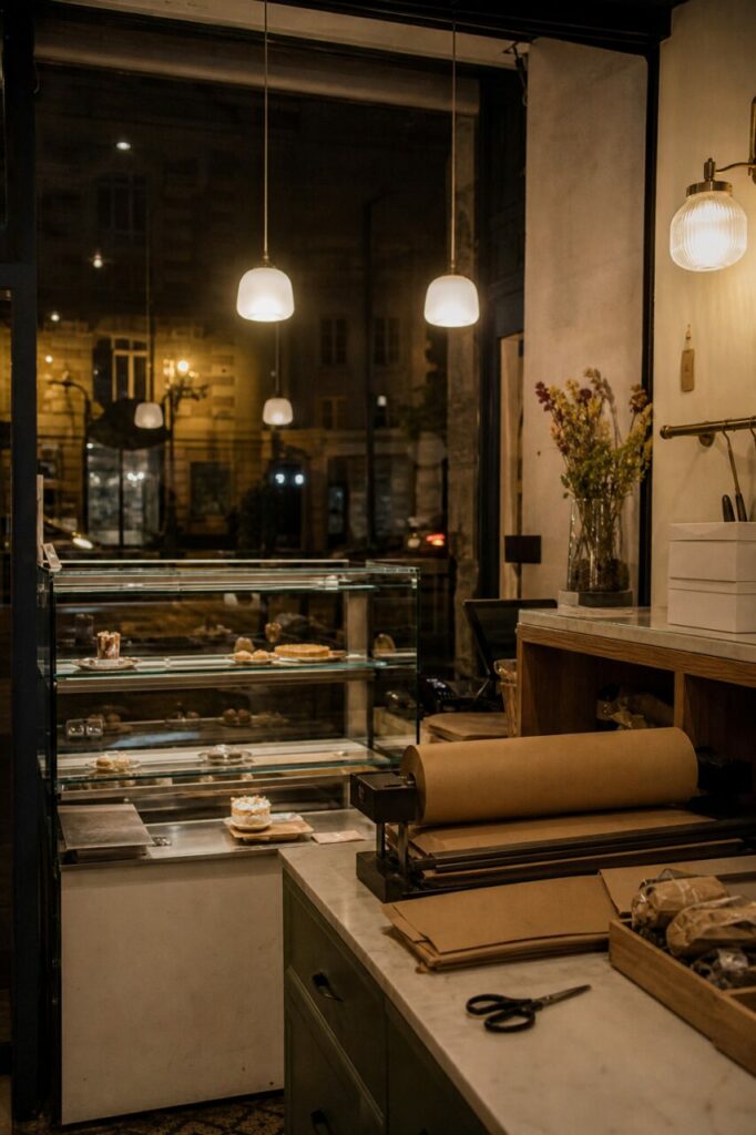 Vitrine de pâtisseries nocturne derrière un poste d’emballage en papier kraft