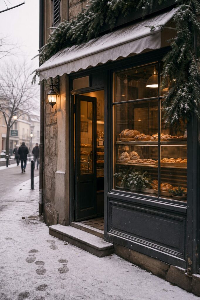 Vitrine de pains sous un auvent enneigé et des branches de conifère