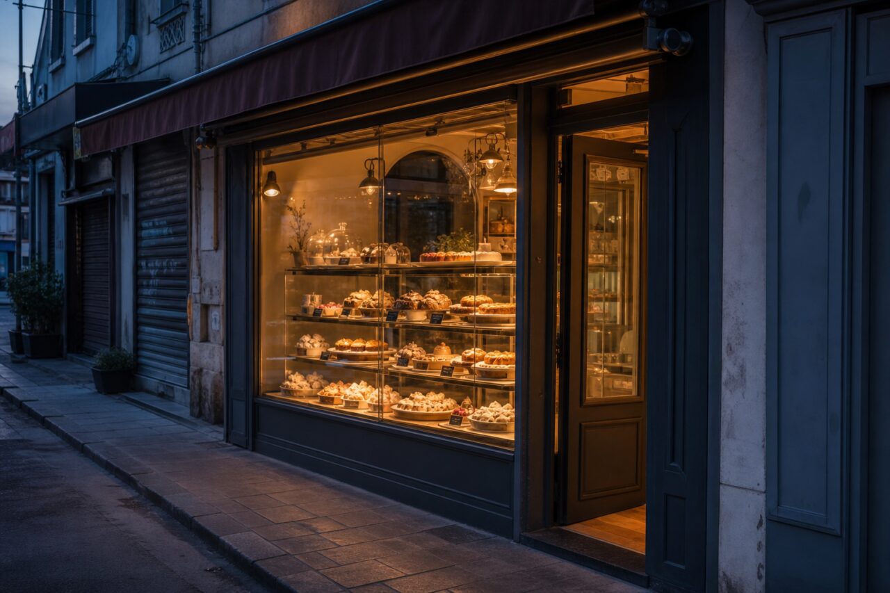 Vitrina de pastelaria iluminada numa rua de tons azulados