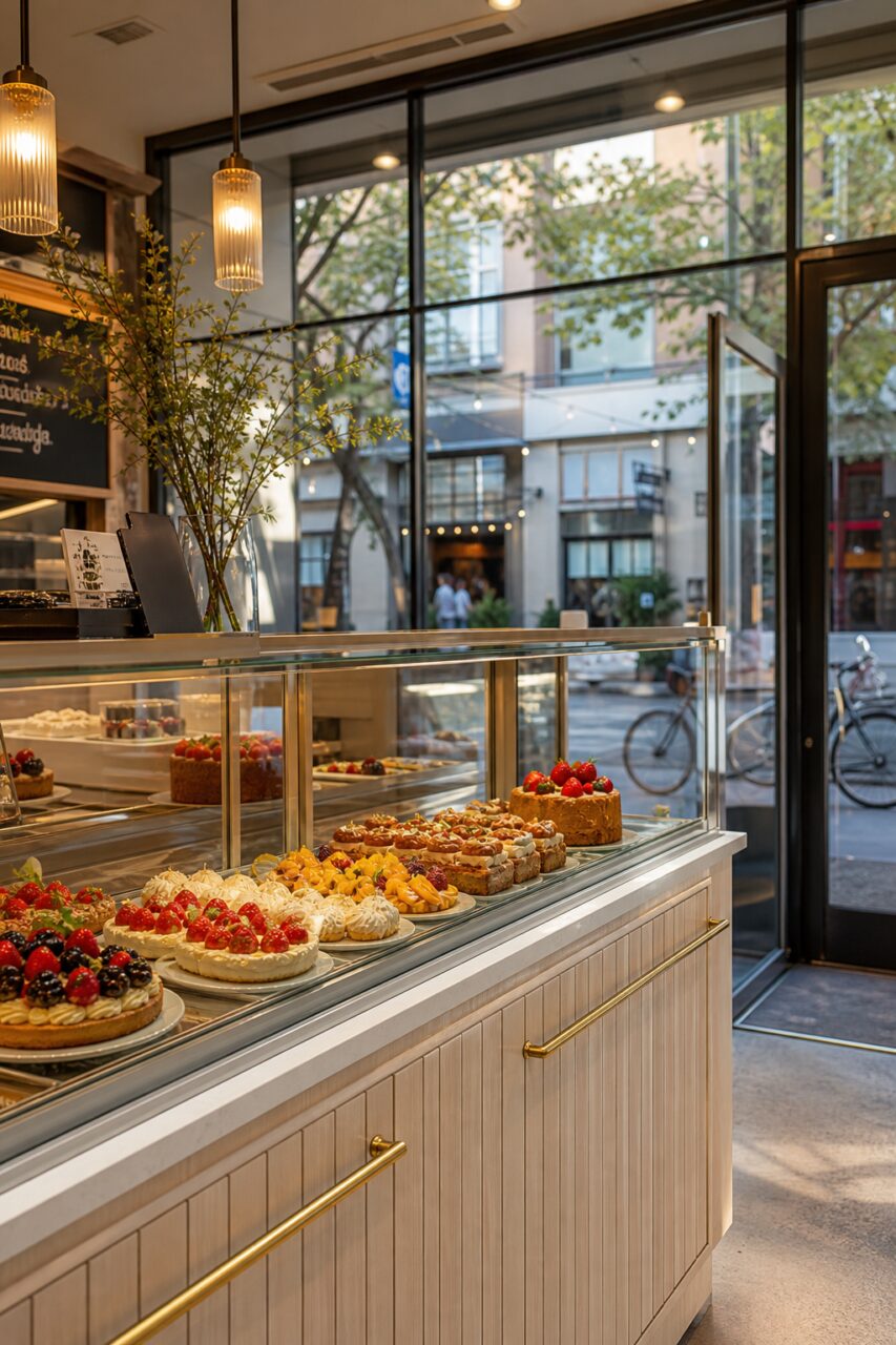 Modern pastry display filled with fruit tarts beside a street window