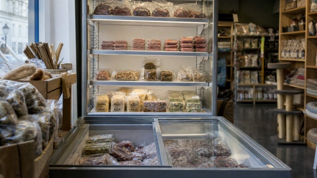 Vitrine mit verpackten Tierfutterportionen im spezialisierten Zoofachgeschäft