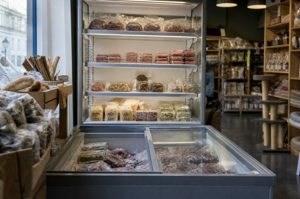 Kühlvitrine mit abgepacktem Tierfutter
