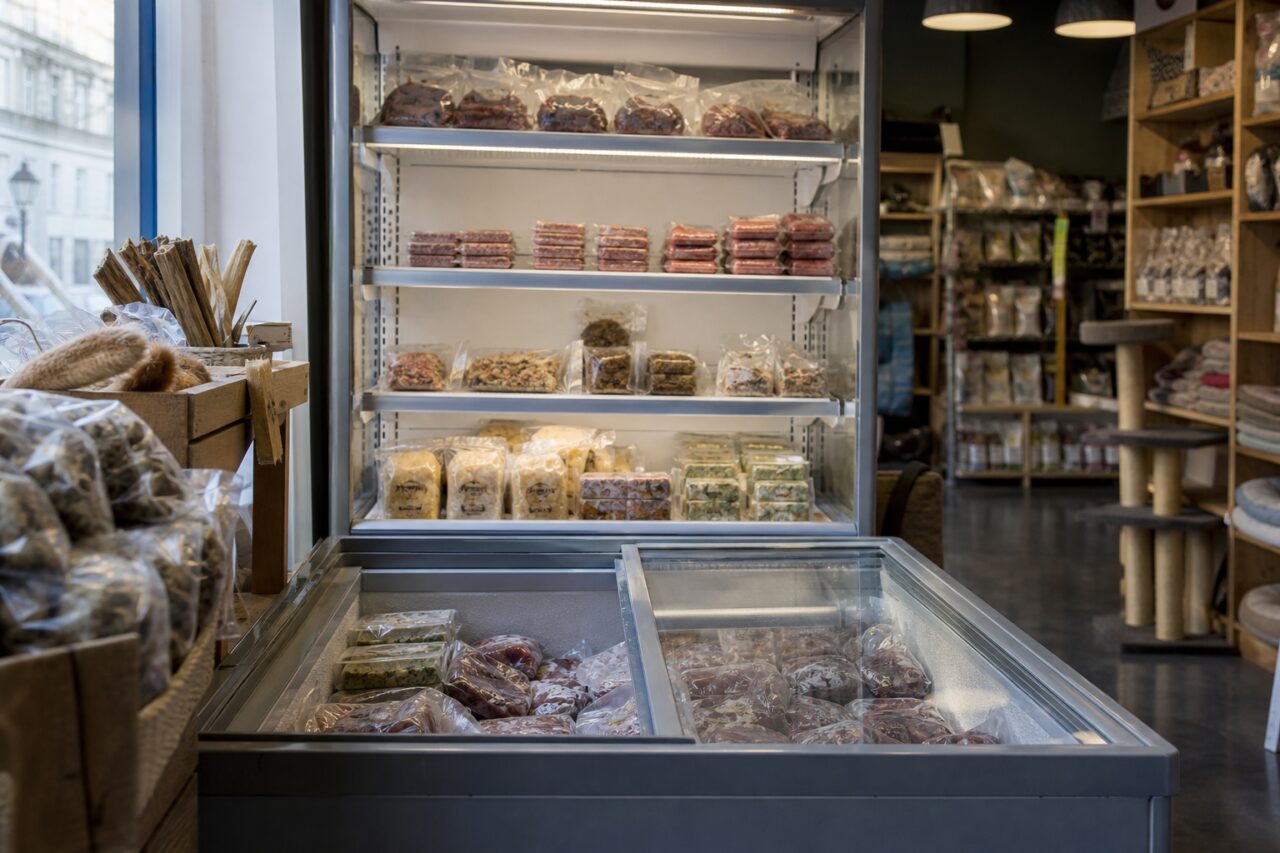 Kühlvitrine mit abgepacktem Tierfutter