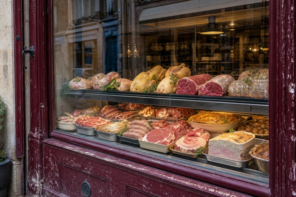 Gekoelde vitrine van een slagerij en delicatessenwinkel