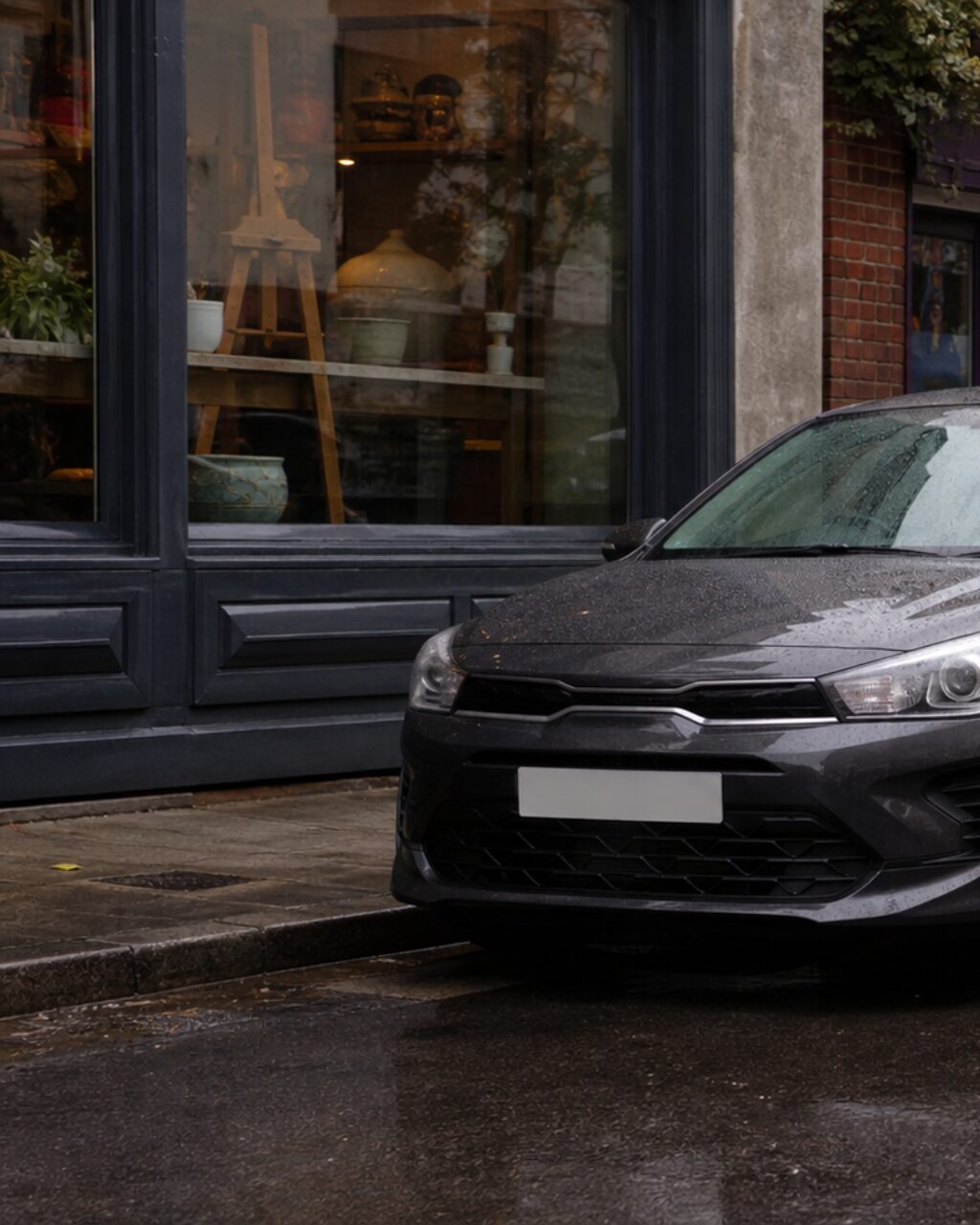 Vitrine sombre et avant de voiture couvert de gouttes