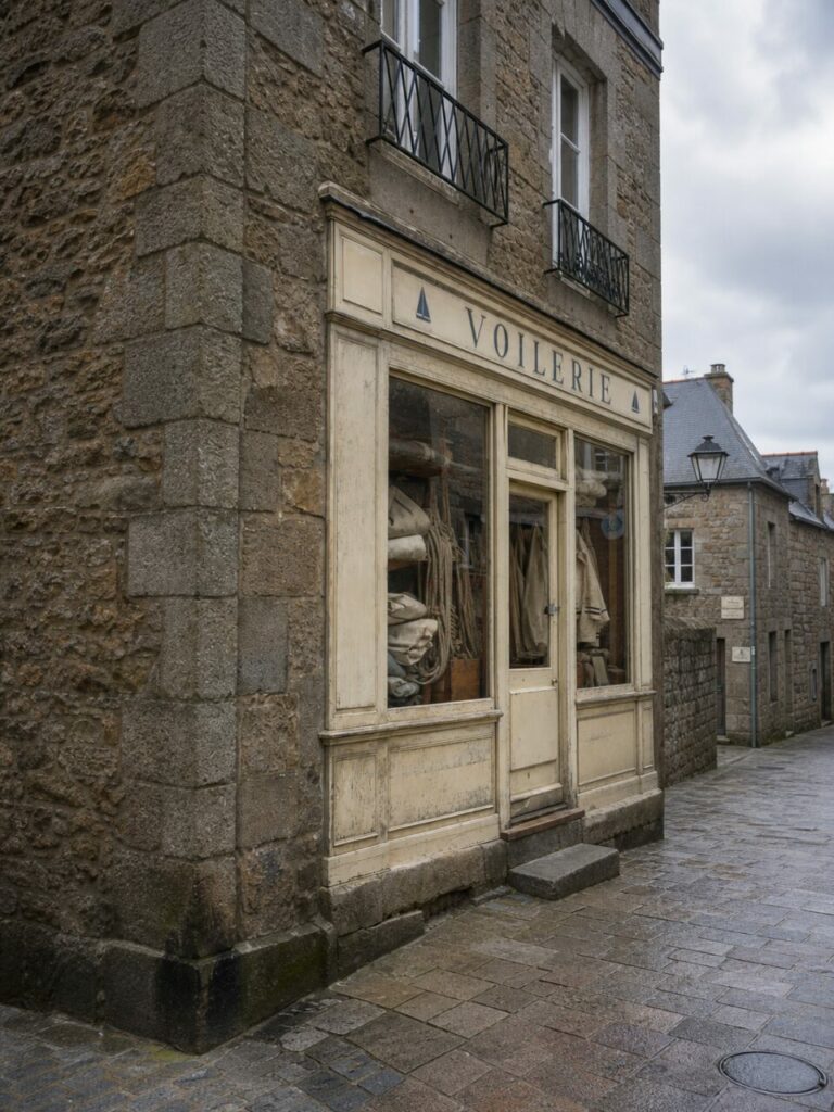 Voilerie historique de Saint-Malo, façade en granit et vêtements marins en vitrine