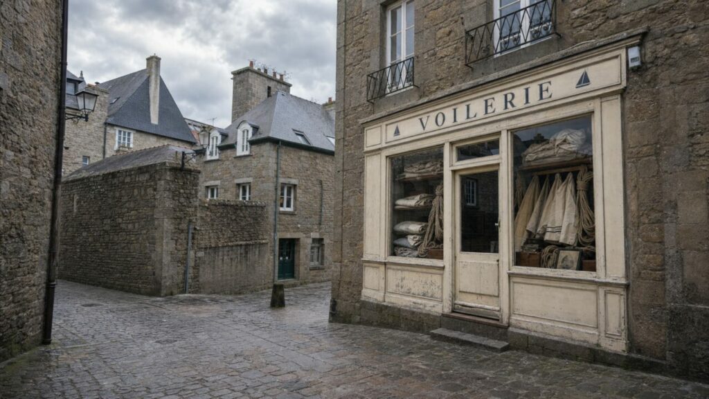 Voilerie de Saint-Malo dans une ruelle pavée, voiles et cordages derrière la vitrine