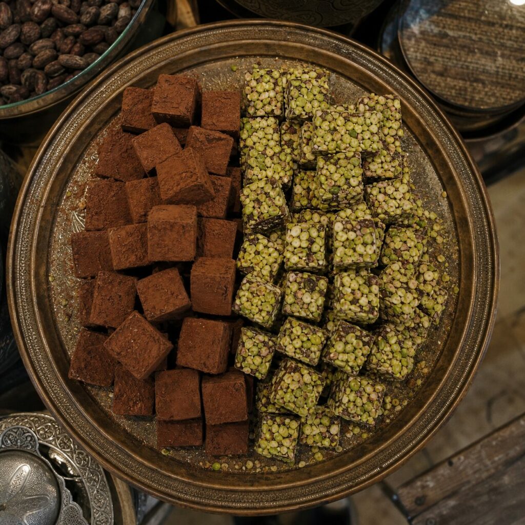 Bovenaanzicht van chocoladelokum met pistache