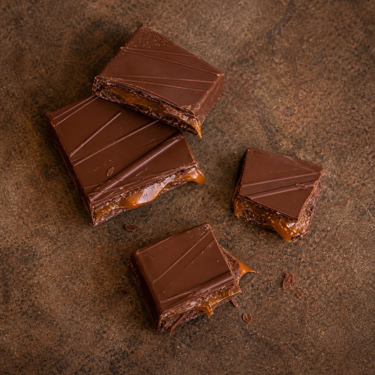Top view of salted caramel chocolate pieces