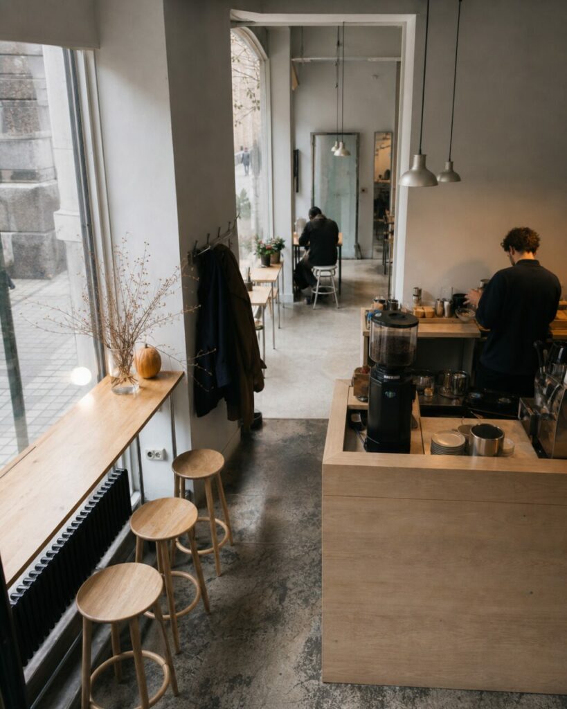 Verhoogd zicht op koffiemolen, toonbank en cafépad