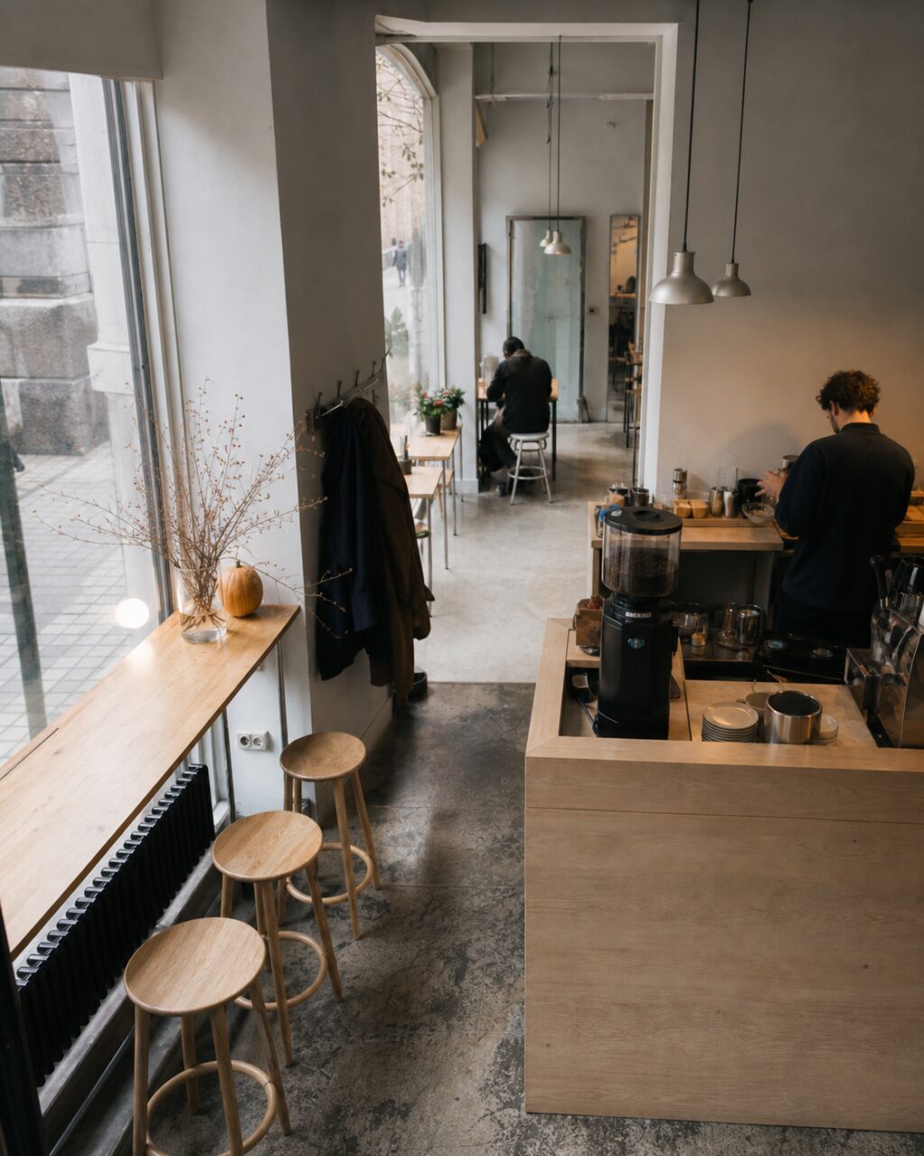 Vue élevée sur le moulin, le comptoir et l’allée du café