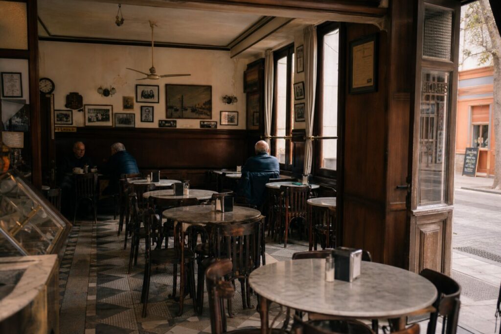 Volledig zicht op het café door de open doorgang