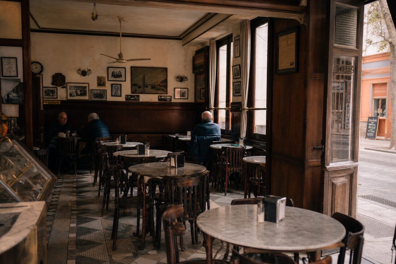 Full café view through its open passage