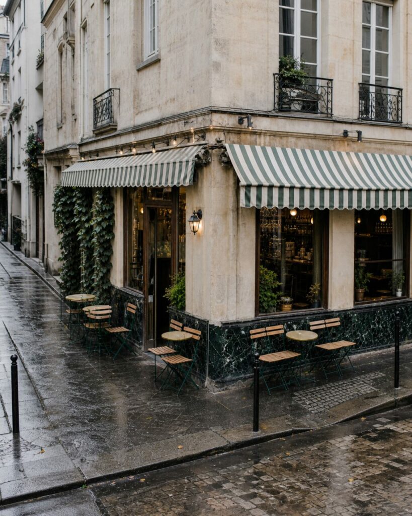 Vue en hauteur d’une terrasse autour d’un café d’angle