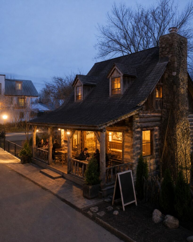 Vue en hauteur sur le toit et la terrasse du café-chalet
