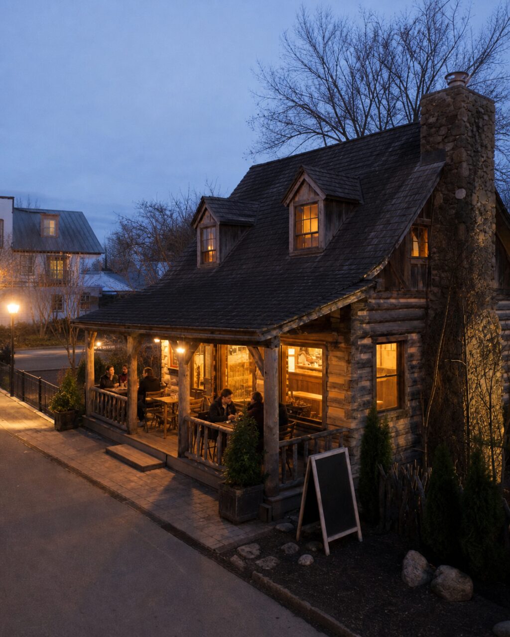 Elevated view over the cabin café roof and terrace