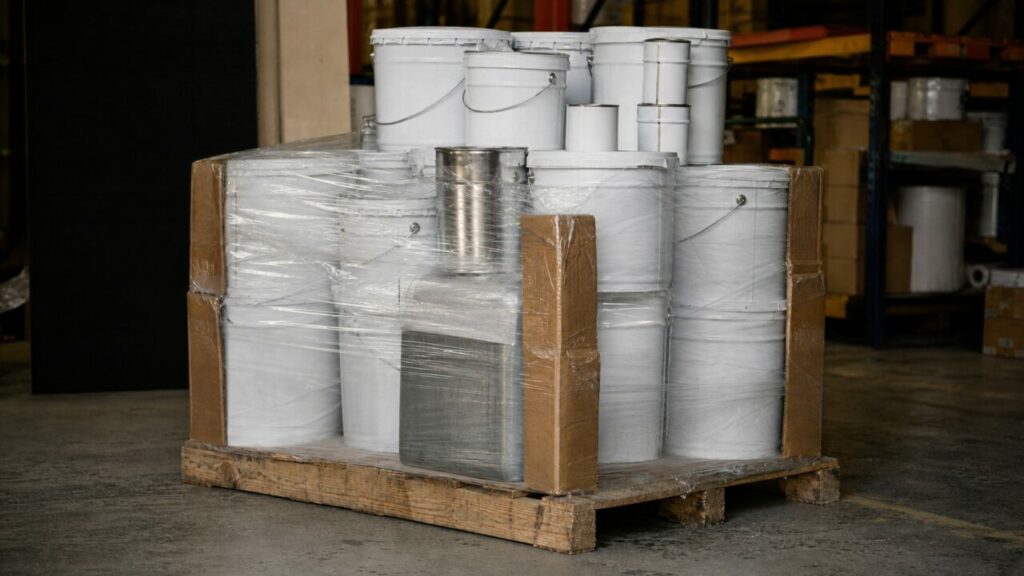 Krap horizontaal beeld van een omwikkelde pallet met witte emmers