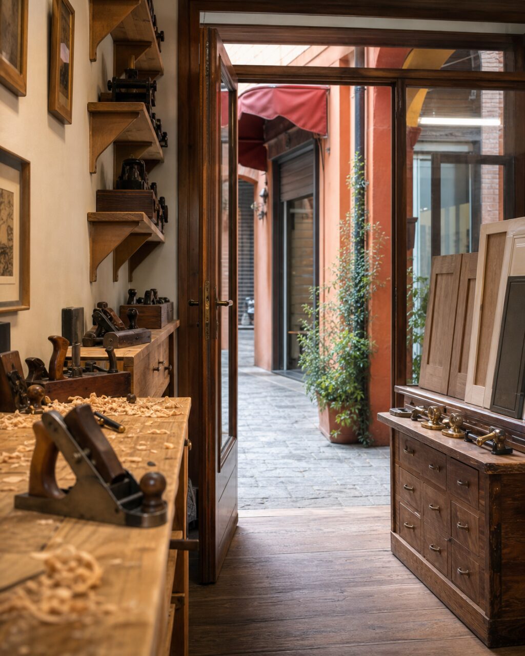 Vista interior de un taller de ebanista abierto a un patio de Bolonia
