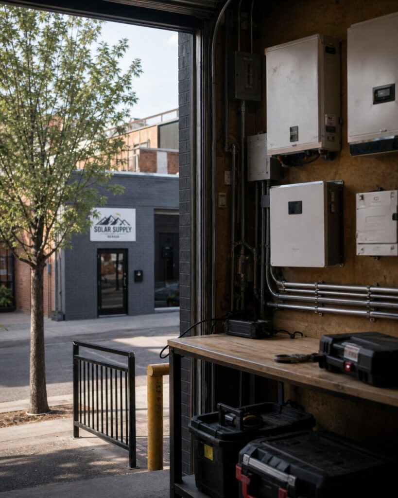 Schräger Innenblick auf Kästen und Werkbänke von Solar Supply in Denver