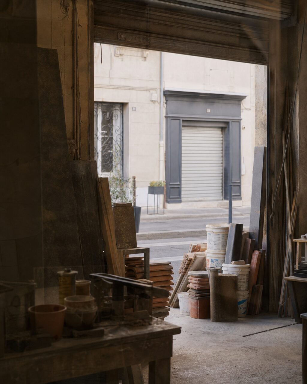 Vista interna di un deposito di lastre aperto su una strada di Marsiglia