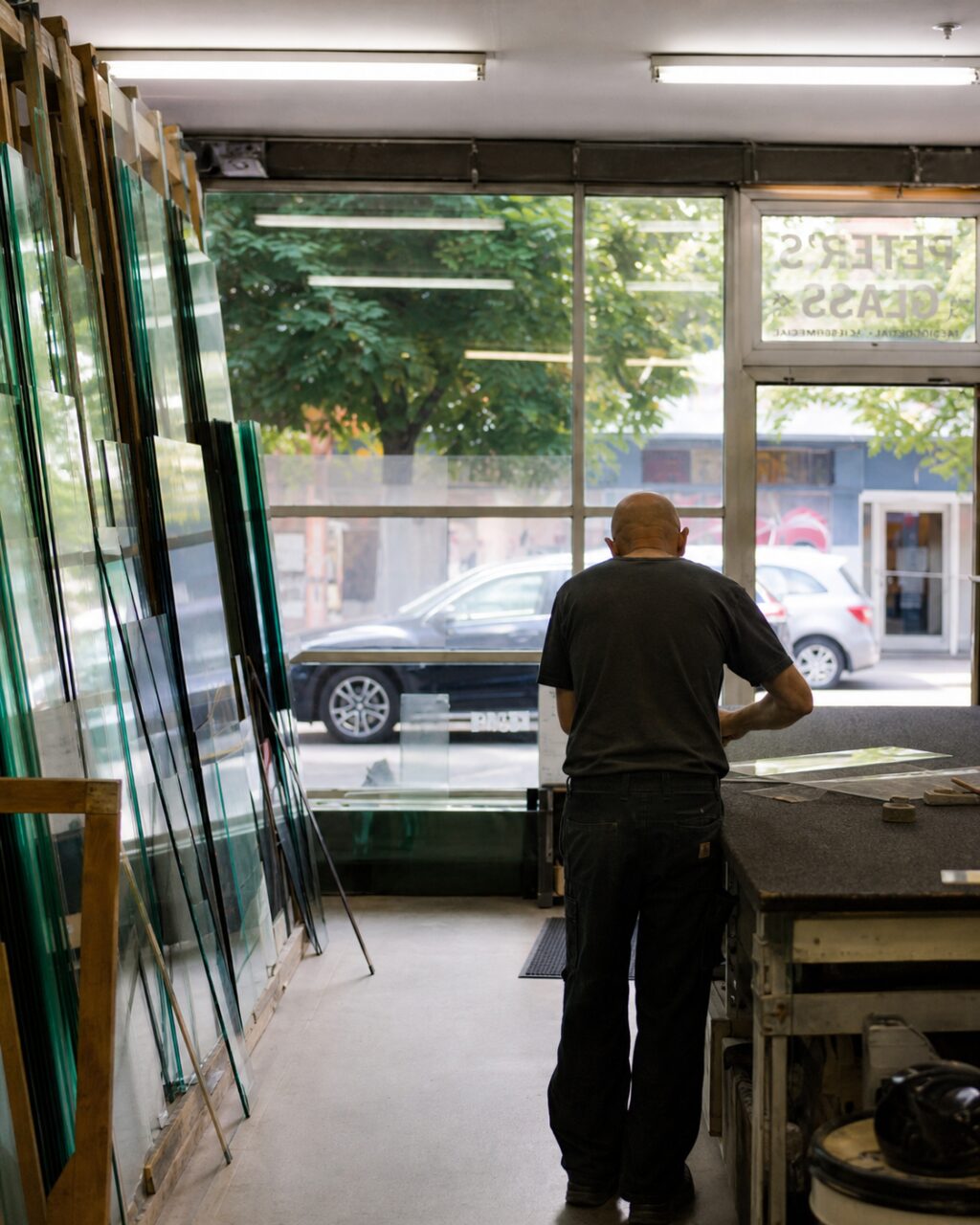 Interior view of a Seattle glazing studio with a craftsperson beside the counter