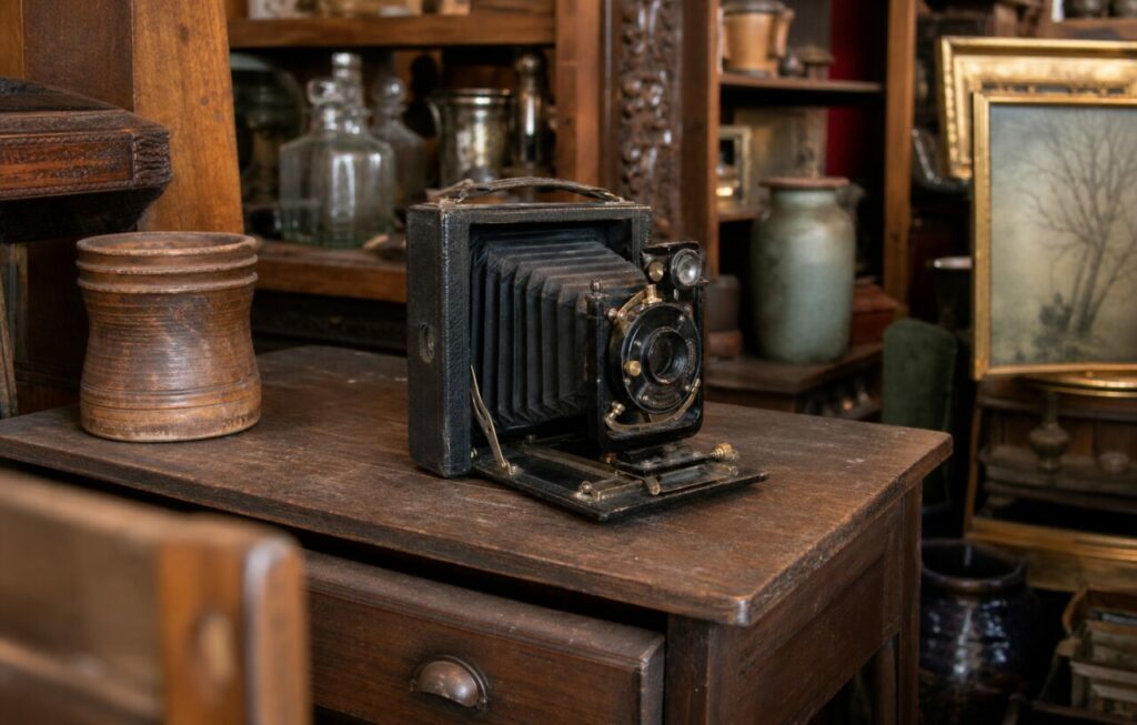 Vue large d’un appareil photo pliant à soufflet parmi poteries, bocaux et cadres dans une boutique d’antiquités