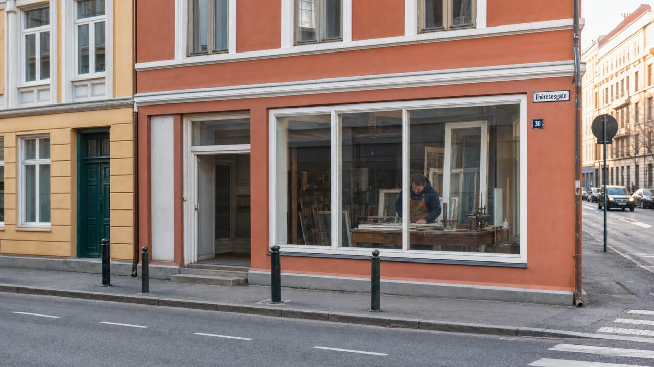 Wide view of a window restoration workshop on Oslo’s Theresesgate