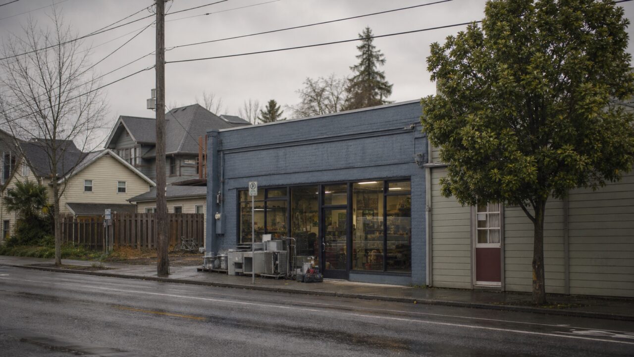 Vue large d’un atelier HVAC dans une rue résidentielle de Portland