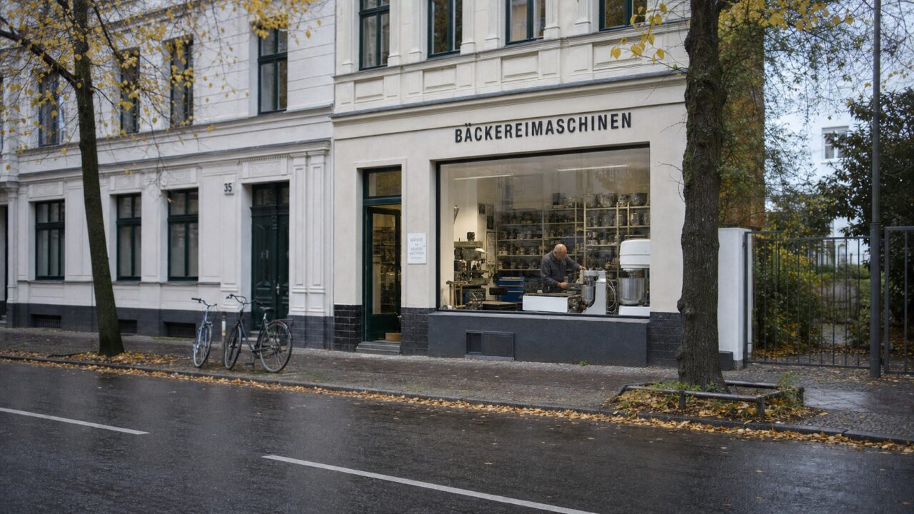 Weite Ansicht einer Werkstatt für Bäckereimaschinen an einer begrünten Berliner Straße