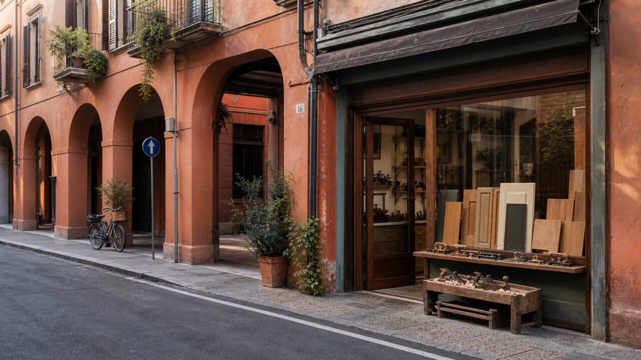 Veduta ampia di una falegnameria sotto i portici di una strada di Bologna