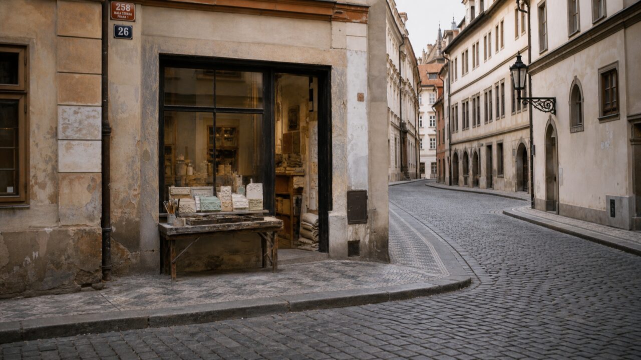 Wide view of a restoration studio beside a cobbled Prague street