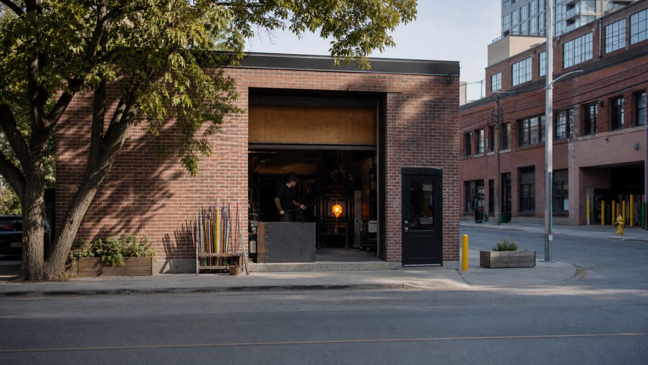 Breed beeld van een bakstenen glasatelier onder een grote boom in Toronto