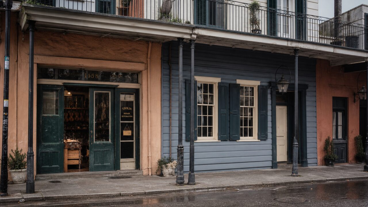 Veduta ampia di un laboratorio di riparazione violini in una strada di New Orleans