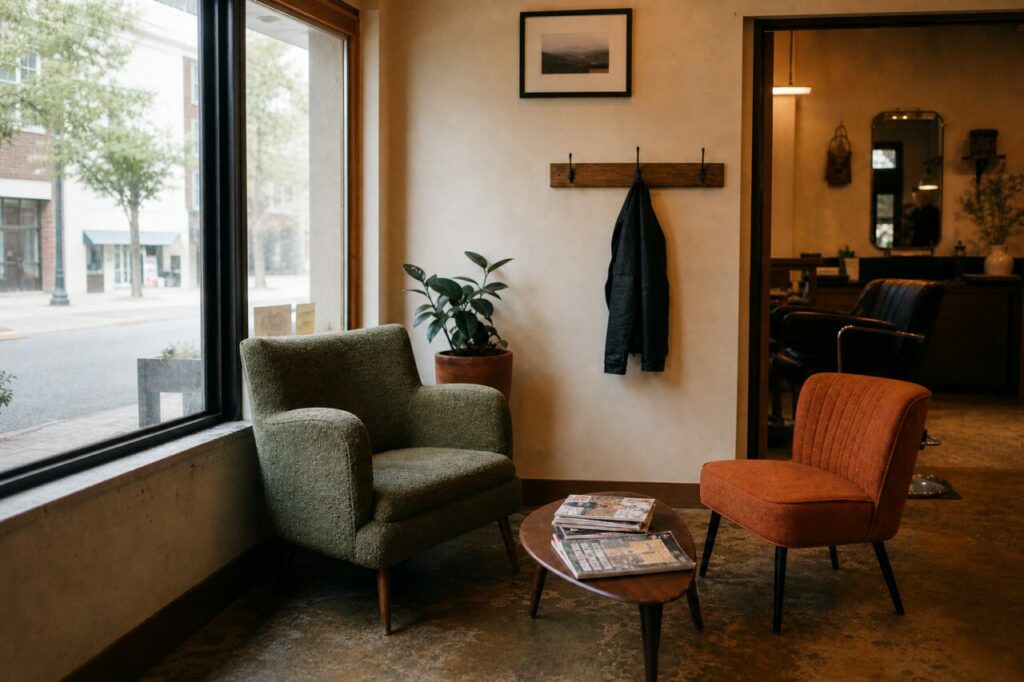Salón de peluquería abierto a la calle con asientos y mesa de lectura