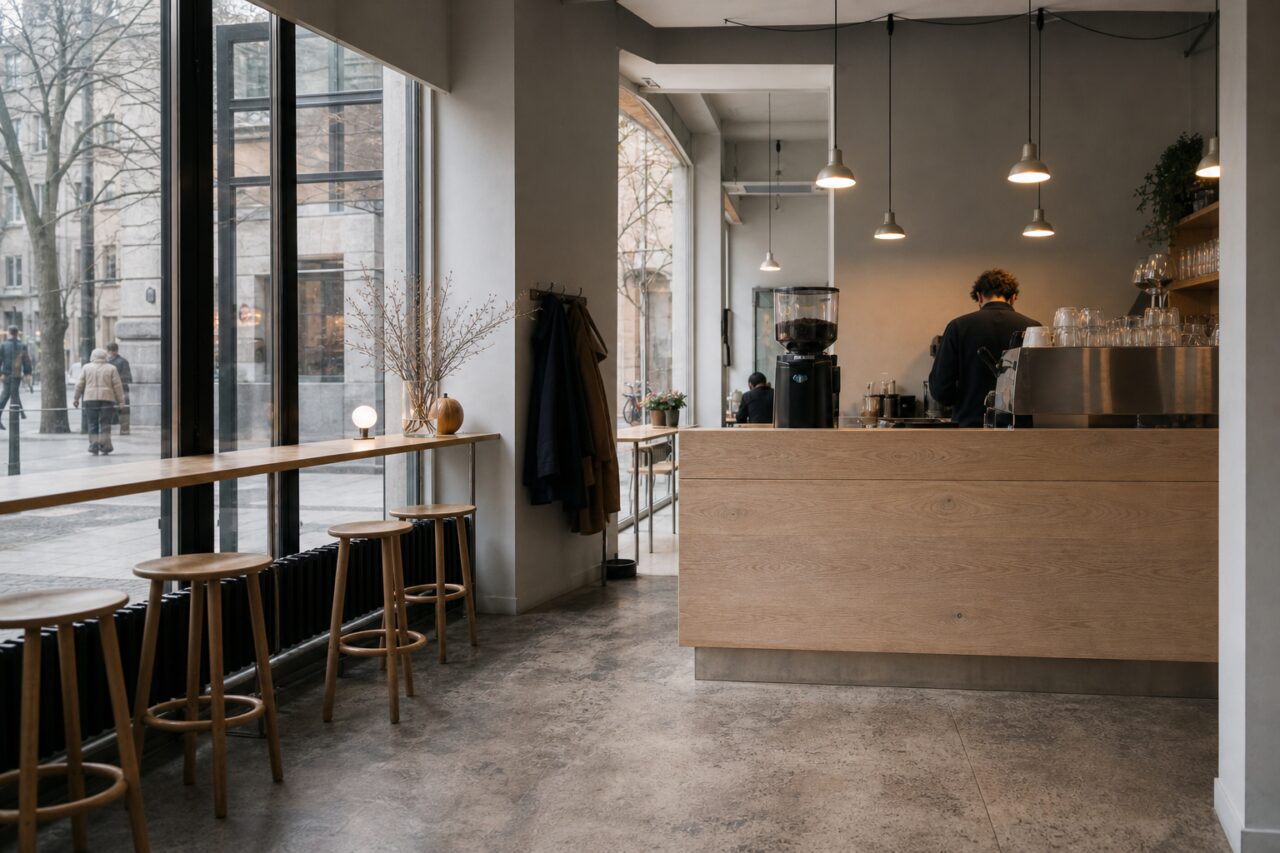 Breed zicht op de glazen bar met een rij krukken
